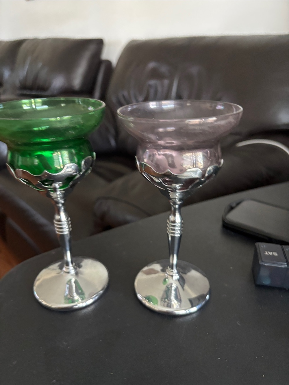 Green and Light Purple Glass Dessert Goblets with Silver Stems